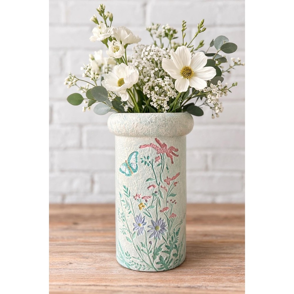 Signed 1980s Botanical Ceramic Vase & Candle Holder Cottagecore Mint Green - Picture 4 of 11